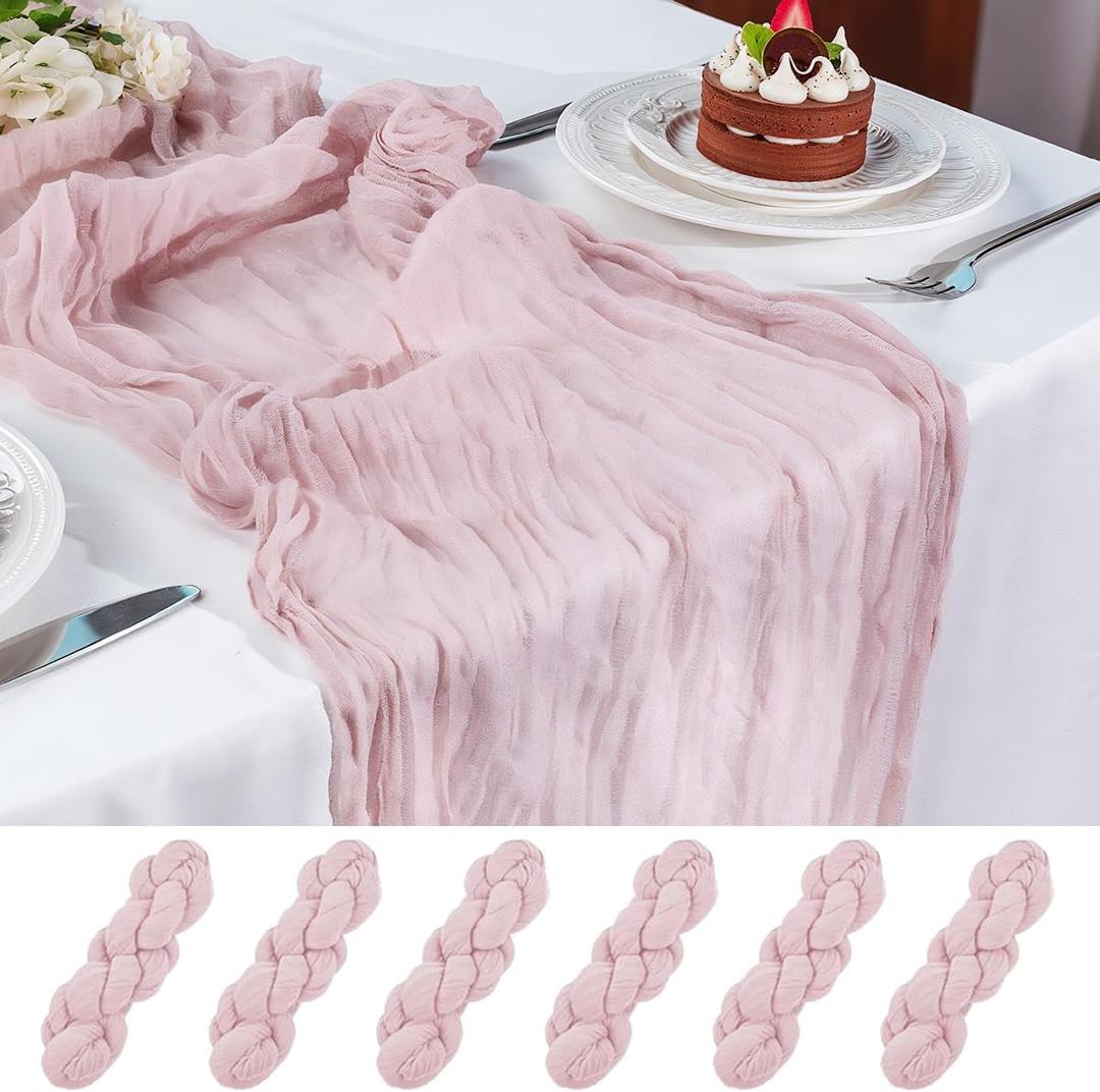10FT 6 Pack Dusty Mauve Pink Cheesecloth Table Runner Romantic Boho Rustic Sheer Gauze Cheese Cloth Table Runners 120x22 inchs Decor for Wedding Bridal Baby Shower Party Birthday Home Decorations