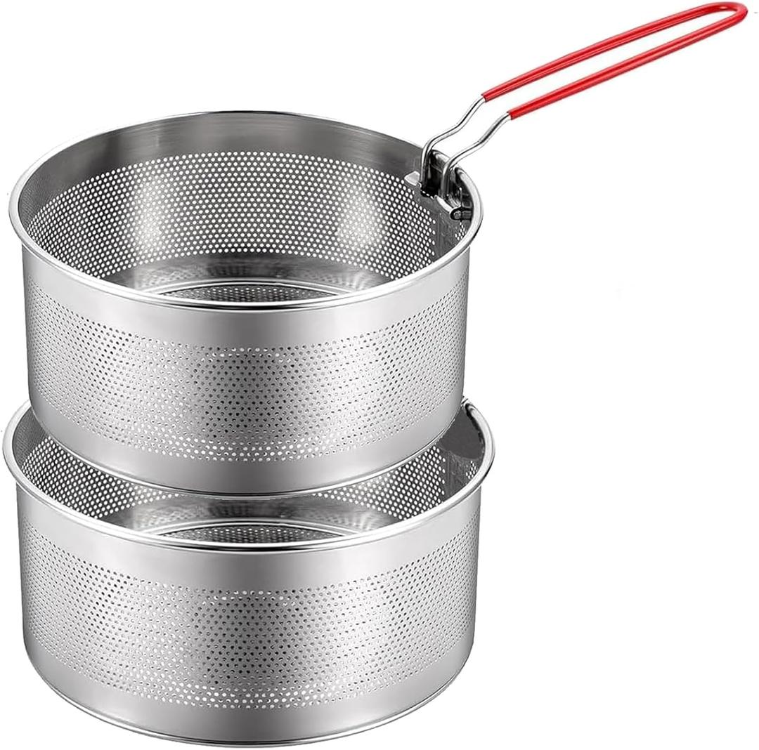 Pasta Strainer Set of 2, Stainless Steel Noodle strainer, 18cm with Removable Handle Metal Pasta Strainer Basket Deep Fryer Basket, Kitchen Colander for Washing Draining Deep-frying Boiling Steaming