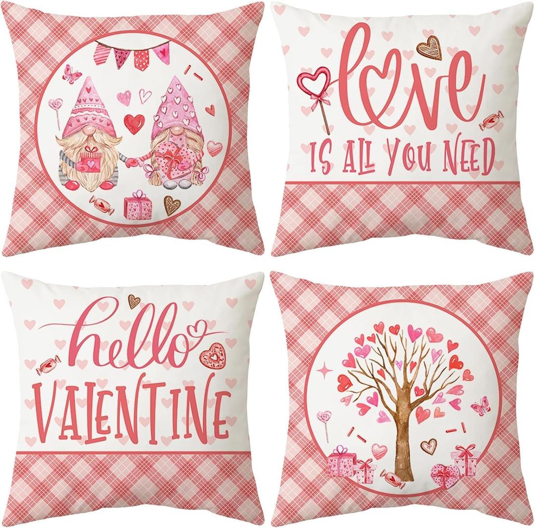 2 x Pink Valentine's Day Pillow Covers 18 x 18 Inch Set of 4, Valentines Decor Love Heart Designs Decorative Pillowcases for Home Sofa Couch Cushion Decoration