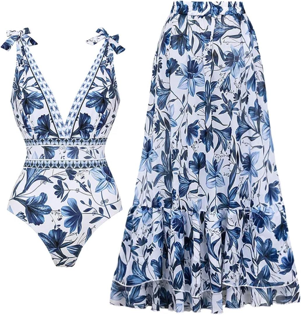 FLAXMAKER Blue and White V Neck Lace Up Strip Plant Prints One Piece Swimsuit and Skirt/ Sarong(Swimsuit and Skirt, Blue, L) FLAXMAKER Blue and White V Neck Lace Up Strip Plant Prints One Piece Swimsuit and Skirt/ Sarong(Swimsuit and Skirt, Blue, L)