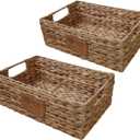 Handmade Water Hyacinth Wicker Storage Basket with Handles  Rectangle Organizer Bin for Shelves, Blanket, Bathroom, Closet  Stackable  Decorative & Durable (2, S: 12" x 8" x 4")