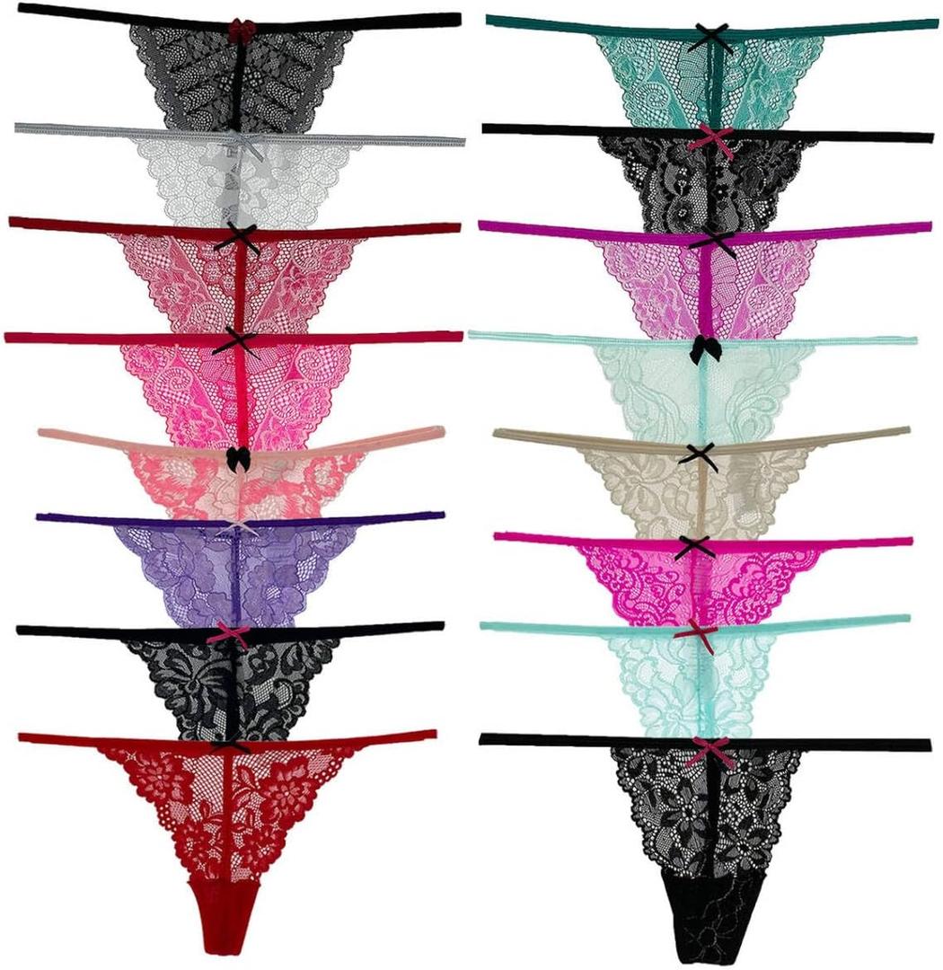 Pack of 6 Women Lacy G-String Thongs No Show Panties Sexy Underwear Assorted Lace Pattern and Colors (Small)