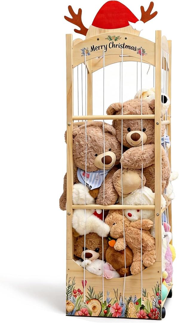 Stuffed Animal Storage and Organizer, Wooden Stuffed Animal Organizer with Elastic Cords, Christmas Themed Movable Toy Storage Rack with Wheels, Ideal for Nursery, Playroom and Kidroom