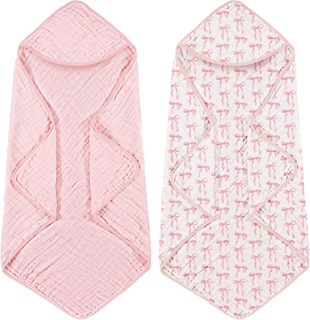Hahafelt 2 Pcs Pink Bow Baby Hooded Towels for Newborn 100% Muslin Cotton Baby Bath Towel with Hood for Babies Infant Toddler and Kids Large 32x32inch Soft Absorbent Kids Essential Gift