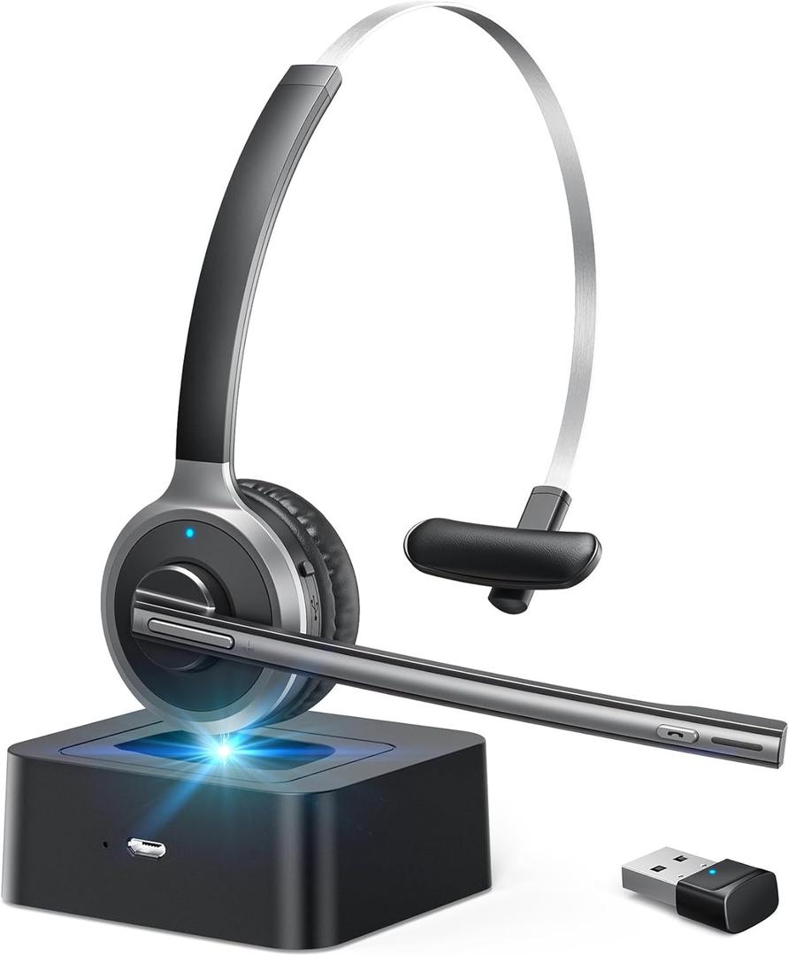 XAPROO Wireless Headset for Work, 2025 New Wireless Computer Headset with USB Dongle, Flip-to-Mute, On Ear Cell PC Headset with Charging Base for Home Office Call Center Zoom Skype