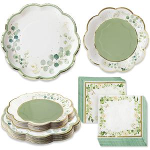 Kate Aspen Sage Green Party Decorations, Eucalyptus Floral Botanical Garden 62 Piece Plates and Napkins Party Supplies (16 Guests) Greenery Baby Shower Decorations & Bridal Shower Decor