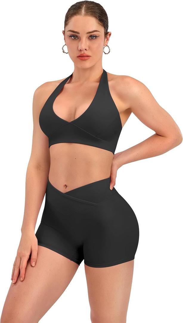 TDIFFUN Women Workout Sets 2 Piece V Neck Halter Sports Bra High Waisted Crossover Booty Gym Shorts Yoga Outfits (Black, Small)