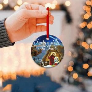 Karenhi 6 Pcs Nativity Christmas Ornaments Oh Holy Night Christian Religious Ornaments for Christmas Tree Ceramic Round Jesus Nativity Xmas Tree Hanging Decorations Christian Gifts