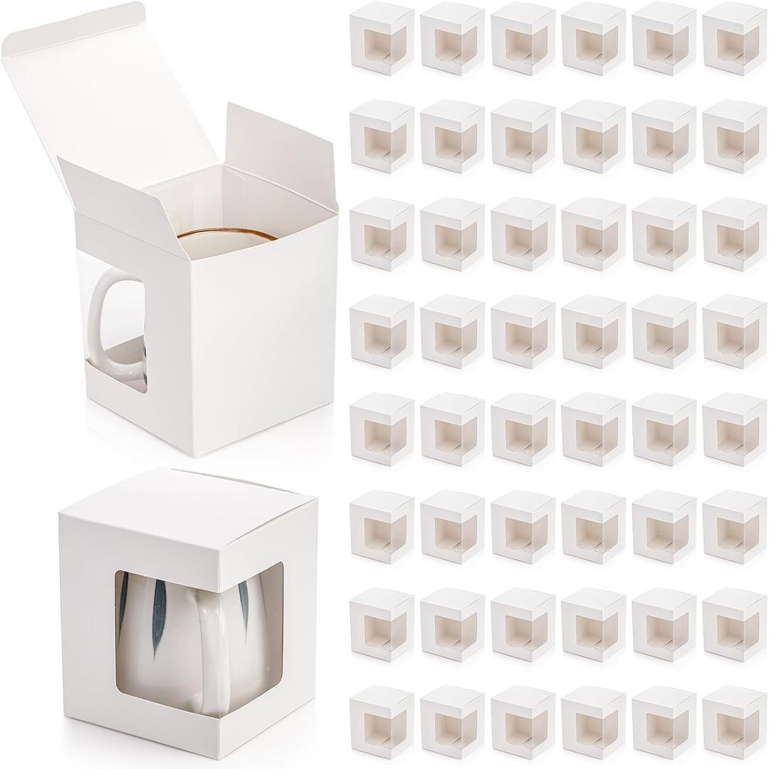 AVLA 50 Pack Gift Boxes for Sublimation Mugs, 4.3x4.3x5'' Small White Packaging, 12OZ 15OZ Transparent Cups Wrapping With Clear View Window, Cupcake Christmas Ornament Box for Wedding