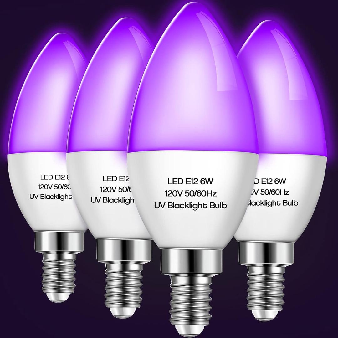 Qualirey 4 Pieces LED Black Light Bulb 6w E12 Base Blacklight Candle Bulb Glow in The Dark Party Level 395-400 Nm Halloween Black Lights for Home Stage DJ Disco, Body Paint, Neon Poster