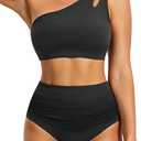 Women High Waisted Bikini - One Shoulder Bathing Suit Tummy Control Two Piece Swimsuit 2025 (Black, M)