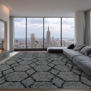 Large Rugs for Living Room, 8x10 Fluffy Grey and Black Bedroom Area Rug, Shag Geometric Soft Fuzzy Carpets Big Kids Room Rug, Non-Slip Plush Modern Rug for Office Home Decor Aesthetic