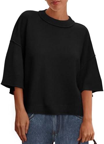 BTFBM Womens Short Sleeve Tops 2025 Summer Casual Crew Neck Oversized Sweater Solid Color Ribbed Knit T Shirts, M
