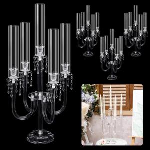 Mumufy 4 Pcs 5 Arm Candelabra Holder Table Centerpieces 27 Inch Crystal Taper Candlestick with Crystal Beaded Chandelier Stand for Wedding Party Fireplace Dinner Table Decor Fit 0.87 LED Candle