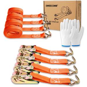 Ratchet Straps (4-Pack), 1 Inch x 16.4 Feet (2200lb Break Strength) with Sturdy Metal Hooks, 1x Work Gloves, Heavy Duty Tie Down Straps for Truck, Cargo Trailer, Motorcycle, Luggage, Moving (Orange)