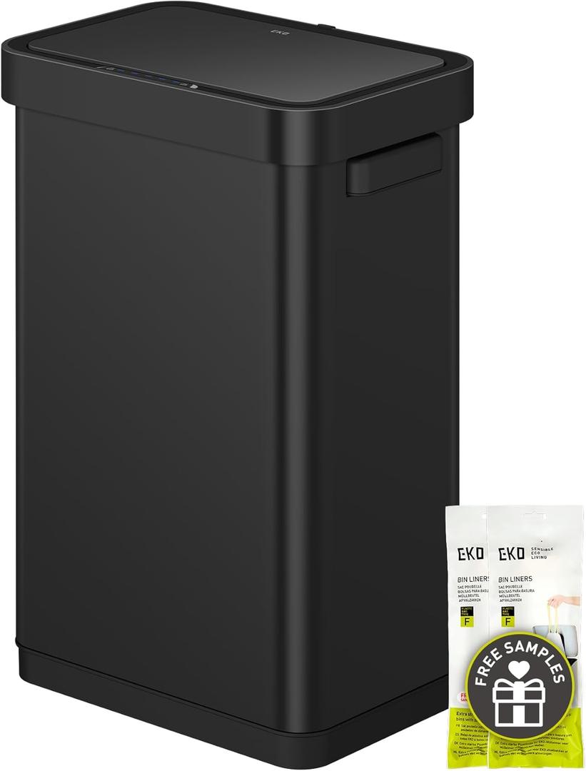 EKO Deluxe Mirage-T 50 Liter / 13.2 Gallon Touchless Rectangular Motion Sensor Trash Can, Matte Black Stainless Steel Finish EKO Deluxe Mirage-T 50 Liter / 13.2 Gallon Touchless Rectangular Motion Sensor Trash Can, Matte Black Stainless Steel Finish