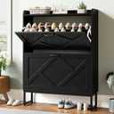 Nicetree Shoe Storage Cabinet with 2 Flip Drawers, Freestanding Shoe Organizer, Shoe Cabinet with Metal Legs, Narrow Shoe Rack Cabinet, Farmhouse Slim Shoe Cabinet for Entryway, Foyer, Hallway, Black