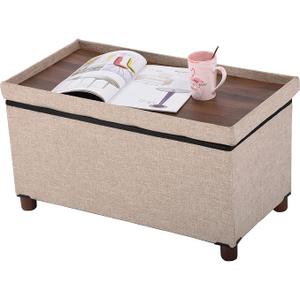 Ao Lei 30 Inches Storage Ottoman Bench, Storage Bench with Wooden Legs for Living Room Ottoman Foot Rest Removeable Lid for Bedroom End of Bed, Linen Fabric, Folding Beige Ottoman