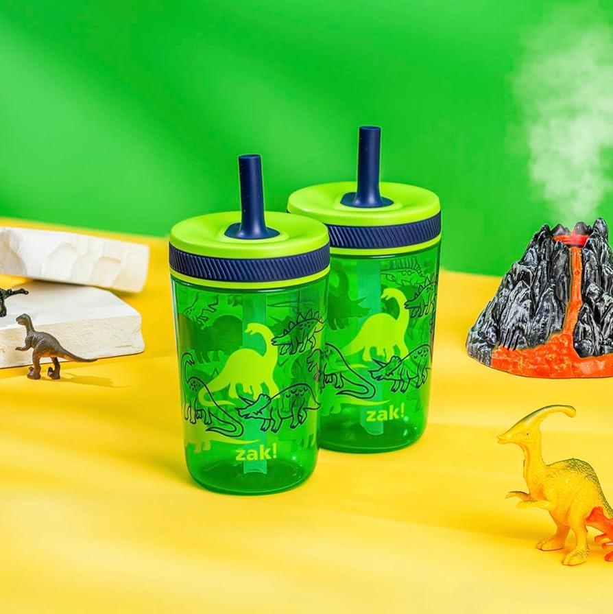 Zak Designs Kelso 15 oz Tumbler Set, (Dino Camo) Leak-Proof Screw-On Lid with Straw Made of Durable Plastic and Silicone, Perfect Cup Bundle for Kids (2pc Set)