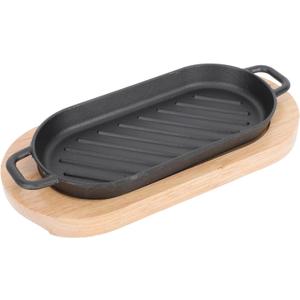 SIZZLING PLATE WITH WOODEN BASE- Cast Iron Steak Platter Pre- Seasoned Cast Iron Fajita Pan Sizzling Fajita Pan Japanese Steak Plate with Wood Base for Restaurant