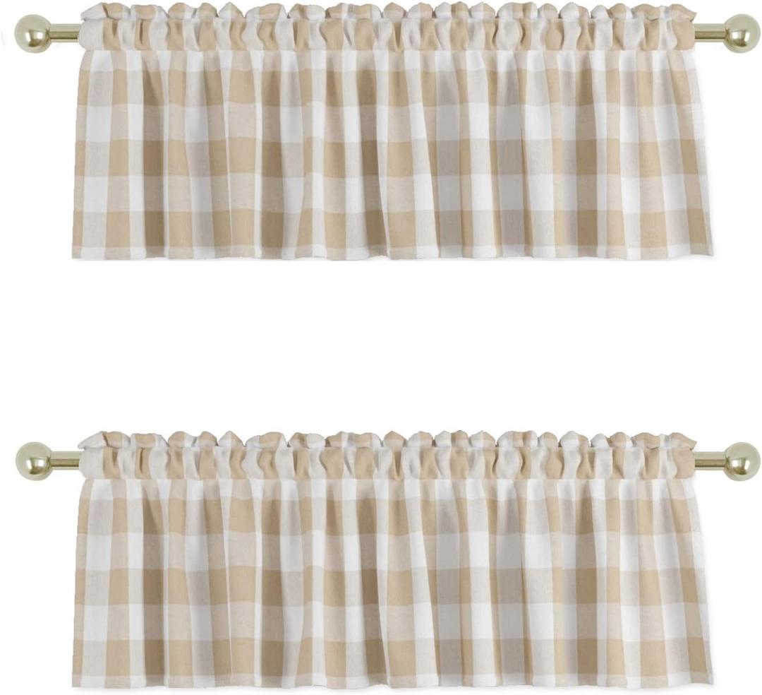 UPOPO 2 Pieces Valences Buffalo Check Kitchen Tier Curtains Classic Plaid Gingham Farmhouse Window Curtain Valance Living Room Bedroom Rod Pocket Beige & White 56"x 16"