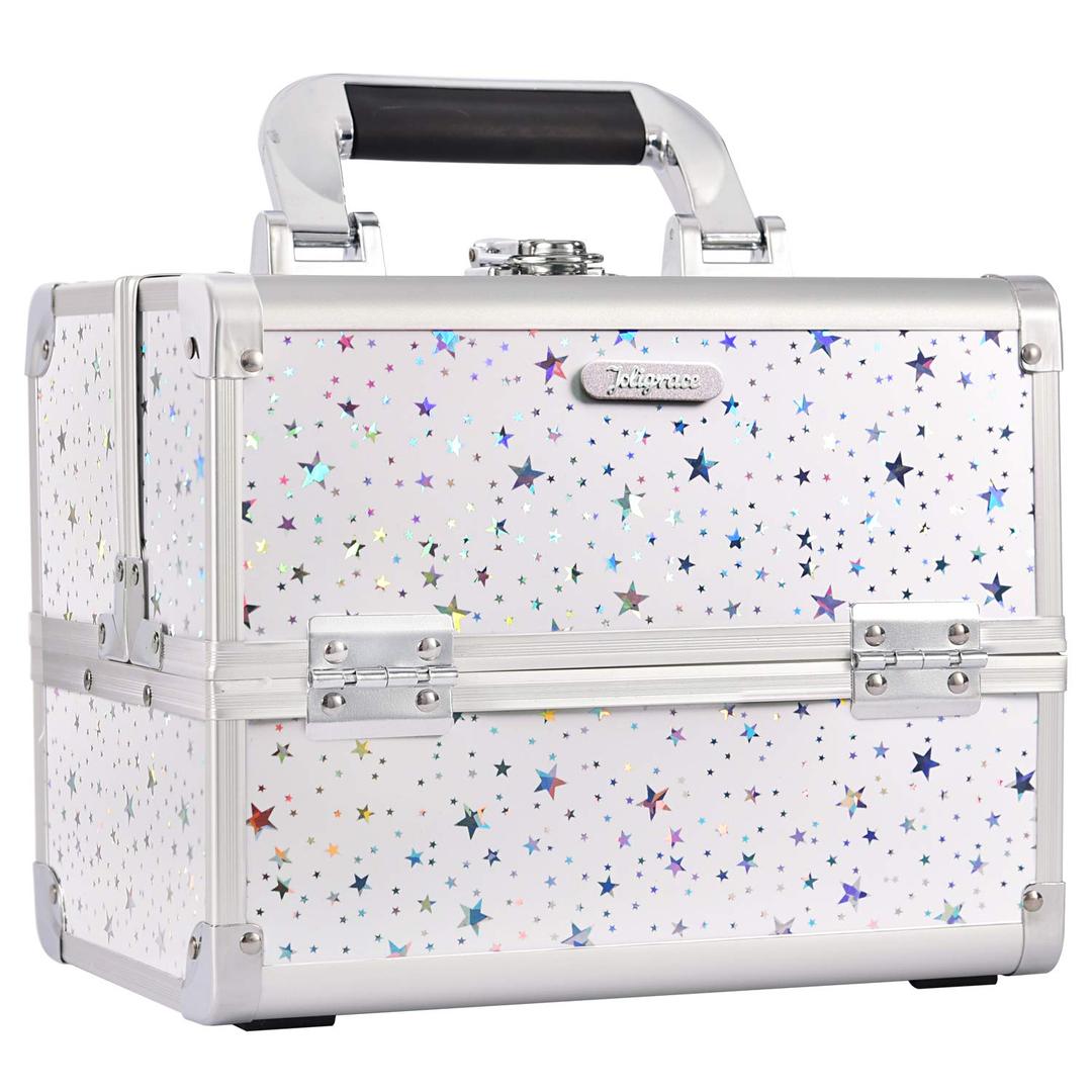 Joligrace Makeup Train Case Cosmetic Box Portable Makeup Case Organizer 2 Trays Makeup Storage with Mirror Locking for Cosmetics Nail Kits Traveling Makeup Box Shining Star (White)