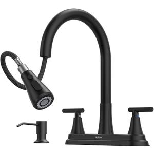 Hurran 8-Inch 2 Handle Pull Down Kitchen Faucet with Soap Dispenser, High Arc 2-in-1 Spray/Stream Stainless Steel Kitchen Sink Faucet for 3-4 Hole Widespread Installation, Matte Black