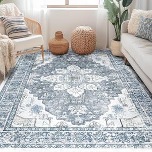 BESTSWEETIE 5x7 Area Rug Washable Rugs for Living Room, No Pile Boho Carpet for Entryway Bedroom Dinning Room, Vintage Carpet Print Distressed Non-Slip, 5 x 7 ft, Blue Grey White