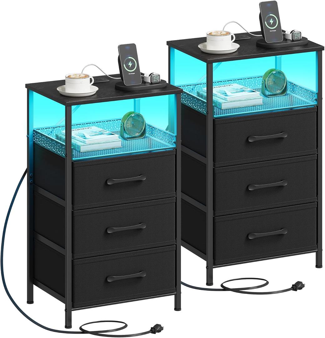 JARHETUN Night Stand Set 2 with Charging Station, 3 Drawer Nightstands with LED Lights, End Table with Outlets and USB Ports, Side Table with Open Shelf, Bedside Tables for Bedroom, Black, 15" X 11.2" X 26.4"