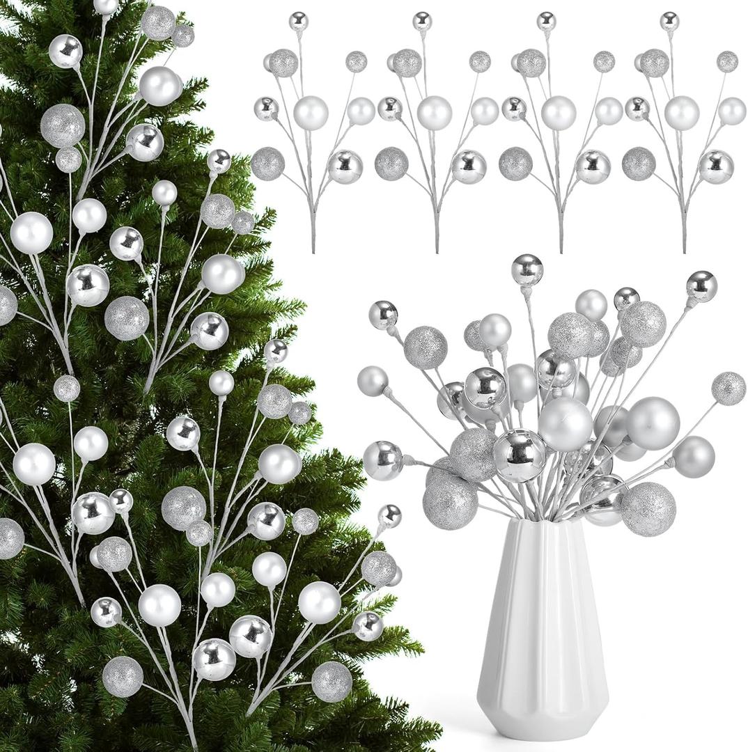 4 Pcs 15 Inch Silver Christmas Tree Picks Xmas Glitter Ball Christmas Tree Decorations Artificial Stems for Xmas Topper Ornaments DIY Wreath Garland Crafts Winter Home Decor