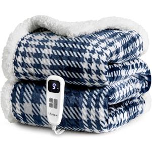 blunique Heated Blanket Electric Throw-50''x60''Ultra Soft Cozy Plaid Flannel Fast Heating Electric Blanket with 10 Heat Levels & 10 Hours Auto Off, ETL Certified, Keep Warm in Couch Bed Office (Navy)
