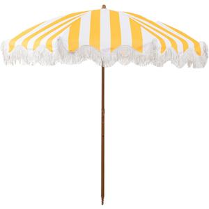 6.5FT Patio Umbrella with Fringe, Portable Boho Beach Umbrella, Tilt & Adjustable Height, 2-Piece Aluminum Pole for Pool, Garden, Deck & Beach-Yellow and White Stripe