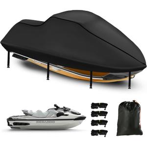 Jetski Covers Waterproof,Upgraded 420D Heavy Duty Jet Ski Personal Watercraft Cover,2 Air Vent Marine Grade UV Resistant for Seadoo,Kawasaki,Waverunner Polaris from 126" to 135"(Black)