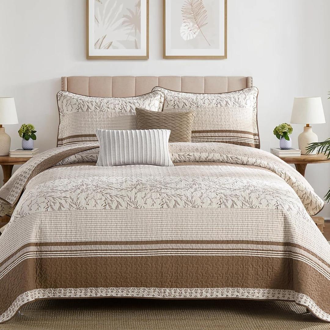 Quilt King Size - Brown White Quilt Set with Matching Shams, Vintage Floral Design Farmhouse Bedding Bedspread, 3 Pieces 100% Cotton Lightweight Coverlet Home Decor for All Season