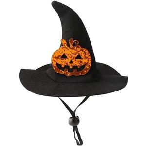 Halloween Pet Costume, Witch Hat for Cats Dogs, Black Adjustable Wizard Hat with Pumpkin Design, Witch Accessories for Small Medium Pets