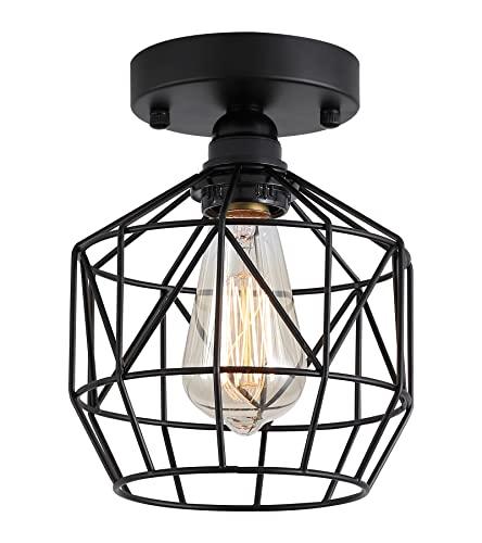 Q&S Black Semi Flush Mount Ceiling Light Industrial Vintage Retro Cage RV Small Ceiling Light Fixture for Hallway Closet Kitchen Stairway Bedroom