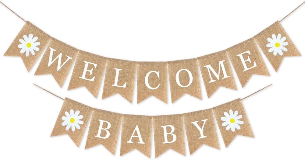 Welcome Baby Burlap Banner for Baby Shower Decorations- Daisy Themed Welcome Baby Banner - Elegant Baby Announcement Sign for Boy and Girl - Newborn Birth Hospital Signs - Baby Arrival Banners - Adorable Baby Shower Decor