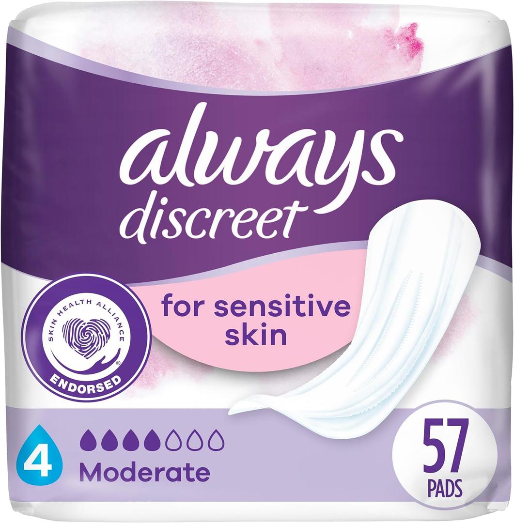 Always Discreet Incontinence Pads for Women with Bladder Leaks, Sensitive Skin Pads Moderate Absorbency, Regular Length, 57 Count