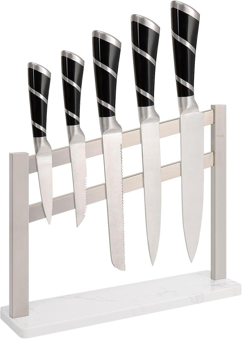 HarJue Magnetic Knife Block with Marble Base, Stainless Steel Magnetic Knife Holder Stand without Knives Powerful Magnetic knife Strip for kitchen Countertop Knife Storage (Brushed Nickel)