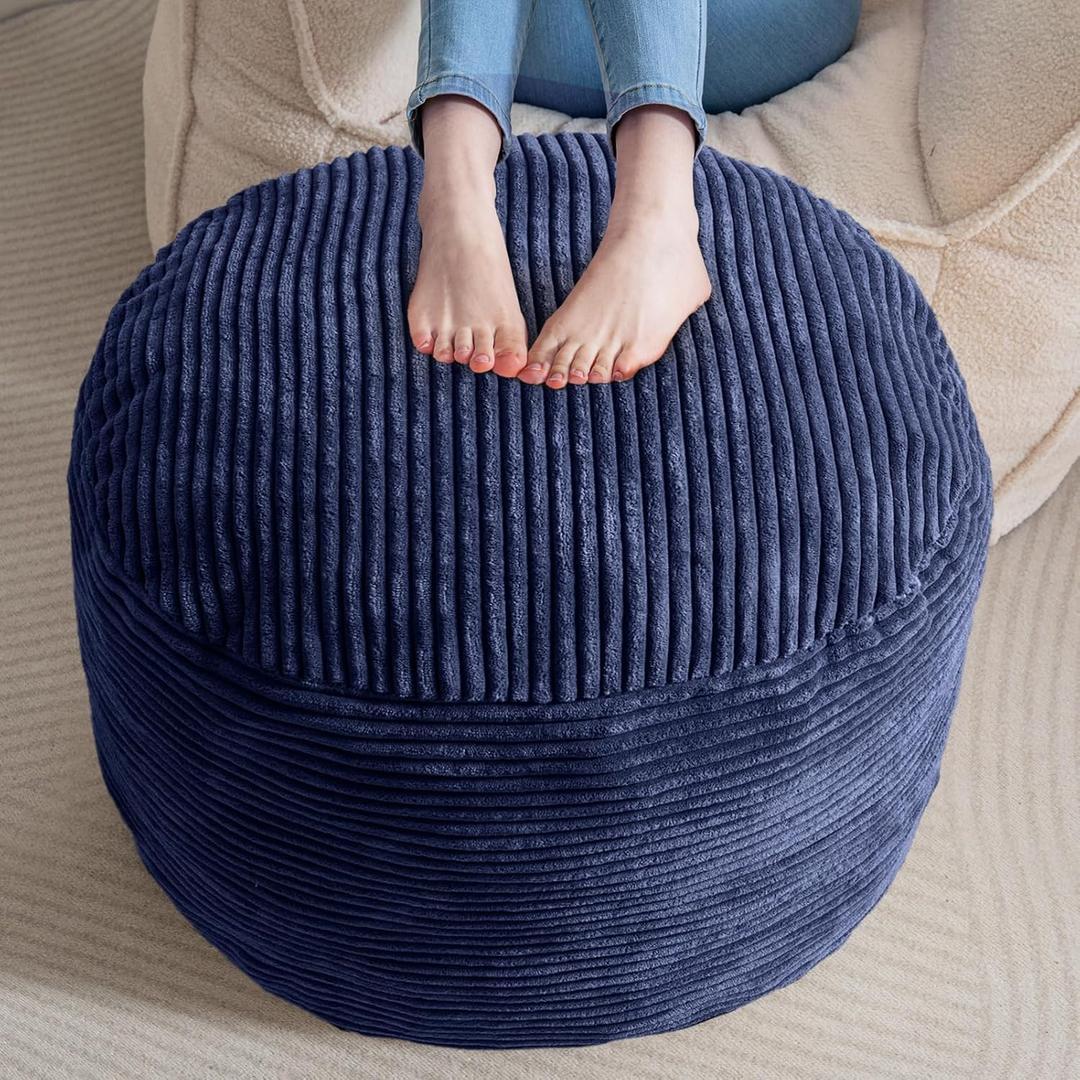 HIGOGOGO Round Stuffed Pouf Ottoman, Corduroy Poufs with Foam Chunk Filling, Furry and Fluffy Pouf Foot Stool Storage Ottoman, 26 X 18 Floor Poufs Foot Rest for Living Room, Navy