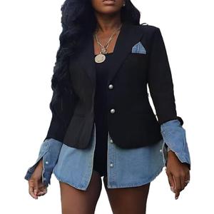 Tbahhir Women's Blazer Jacket Denim Patchwork Long Sleeve Lapel Button Down Casual Office Jean Trendy Coat, Large