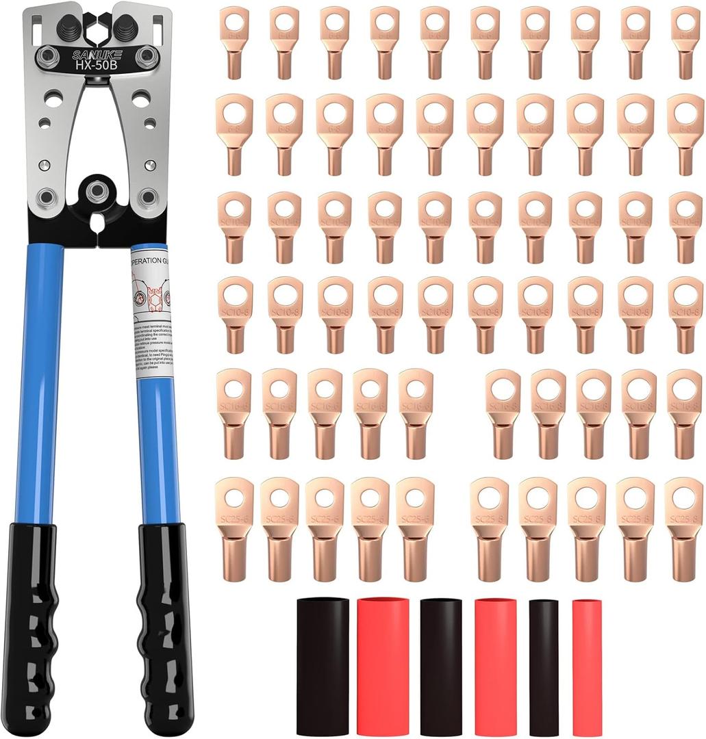 Sanuke Battery Cable Lug Crimping Tool Kit for AWG 10-1/0 Electrical Lug Crimper with 60pcs Wire Lugs and Heat Shrink Tubing