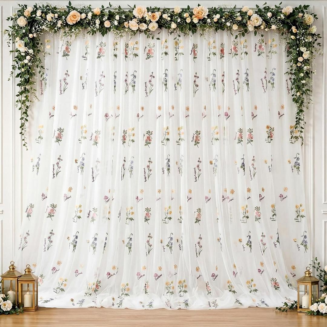 Tegeme 10x10ft Wildflower Decoration Backdrop Curtains Embroidery Sheer Floral Vintage Decor for Wedding Baby Shower Birthday Summer Spring Easter Party Photography Background