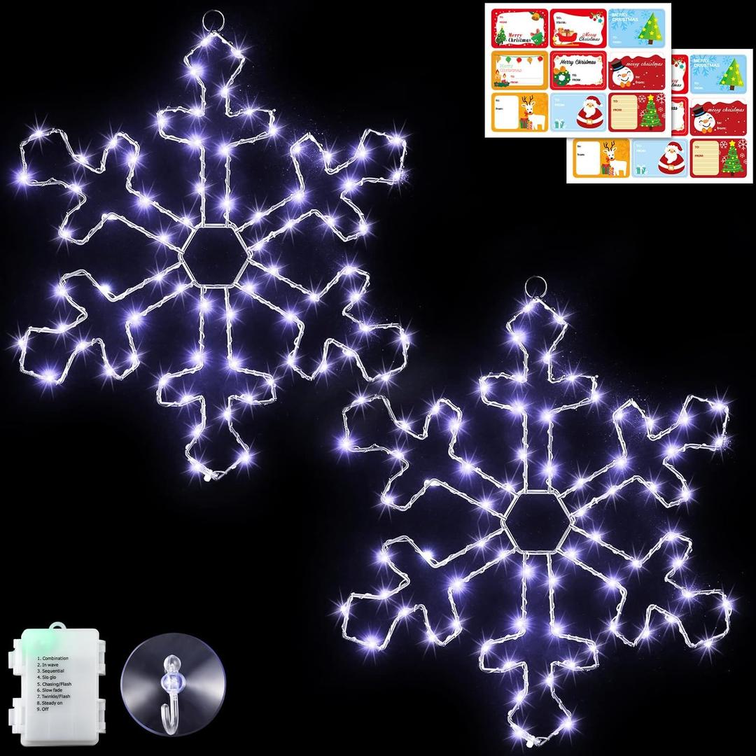 Hiboom 2 Pack Christmas Window Lights, 12 Inch Snowflake Lighted Decorations Wrapped with LED String Lights, 8 Modes Battery Powered Christmas Window Light for Xmas Indoor Decor (Cool White)