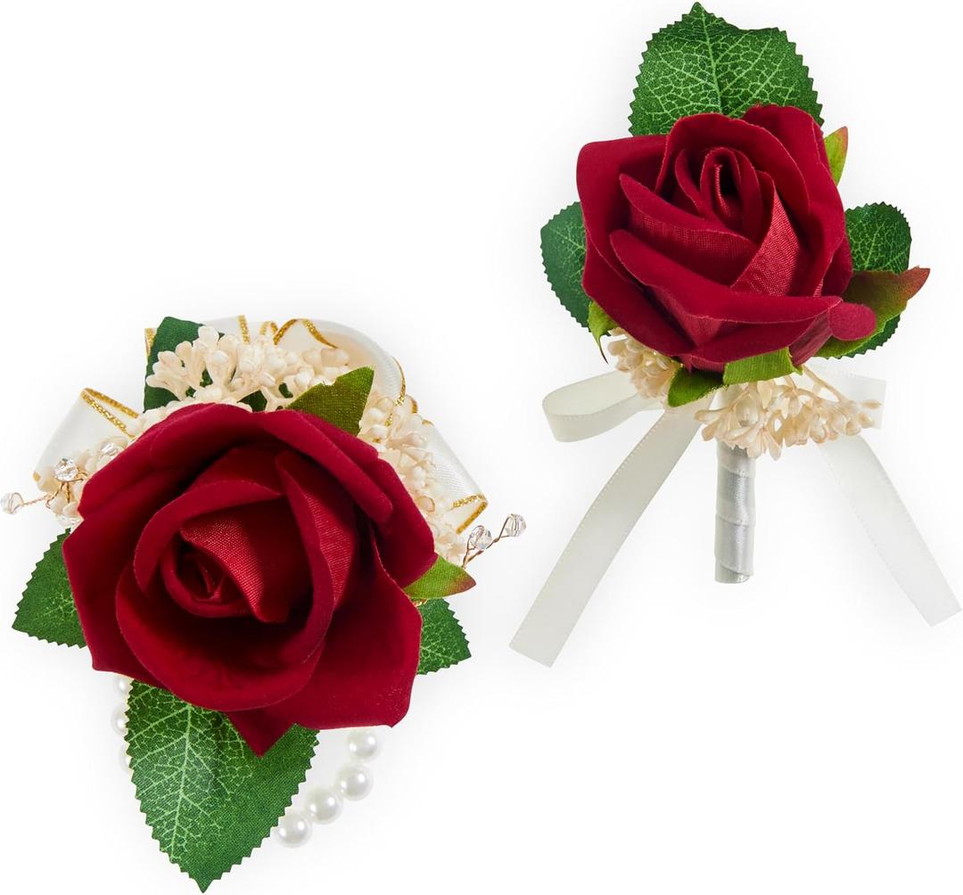 2pcs Red Rose Wrist Corsage and Boutonniere Set Wrist Corsage Wristlet Band and Man Boutonniere Set for Wedding Flower Accessories Prom Suits