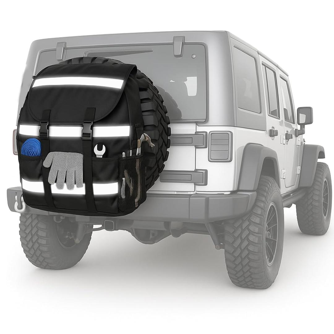 1 Pack Spare Tire Trash Bag Offroad Spare Tire Storage Bags Heavy Duty Truck Tailgate Trash Large Recovery Gear Firewood Camping Cargo Storage Bag for Truck SUV Car, 3 Reflective Strips