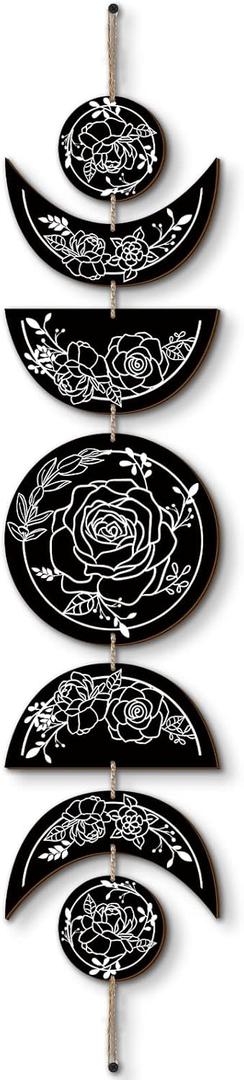 BBTO Boho Wall Decoration Moon Phases Wall Art Stars Moon Decoration Minimalist Room Wooden Gothic Witchy Door Pediments Hanging Sign(Black, White)