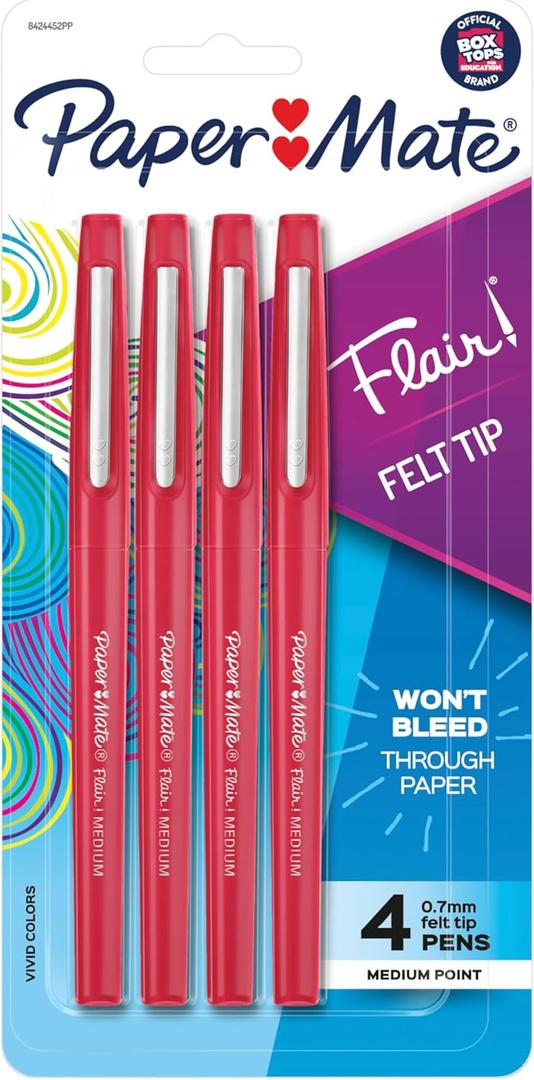 Paper Mate Flair Felt Tip Pens Medium Point (0.7mm) Red 4 count