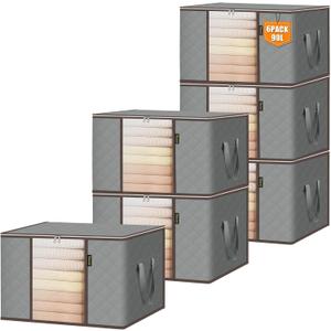 BALEINE 6 Pack Clothes Storage Bags, 24 Gallon Storage Containers with Reinforced Handle, Sturdy Zipper, Closet Organizer for Blanket, Comforter, Pillow, Bedding (Grey, 6 Pack)