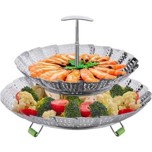 LHS Steamer Basket, Double Layer Stainless Steel Vegetable Steamer Basket Insert for Veggie Fish Seafood Cooking, Expandable to Fit Various Size Pot (7.5" to 11.4") Small & Large